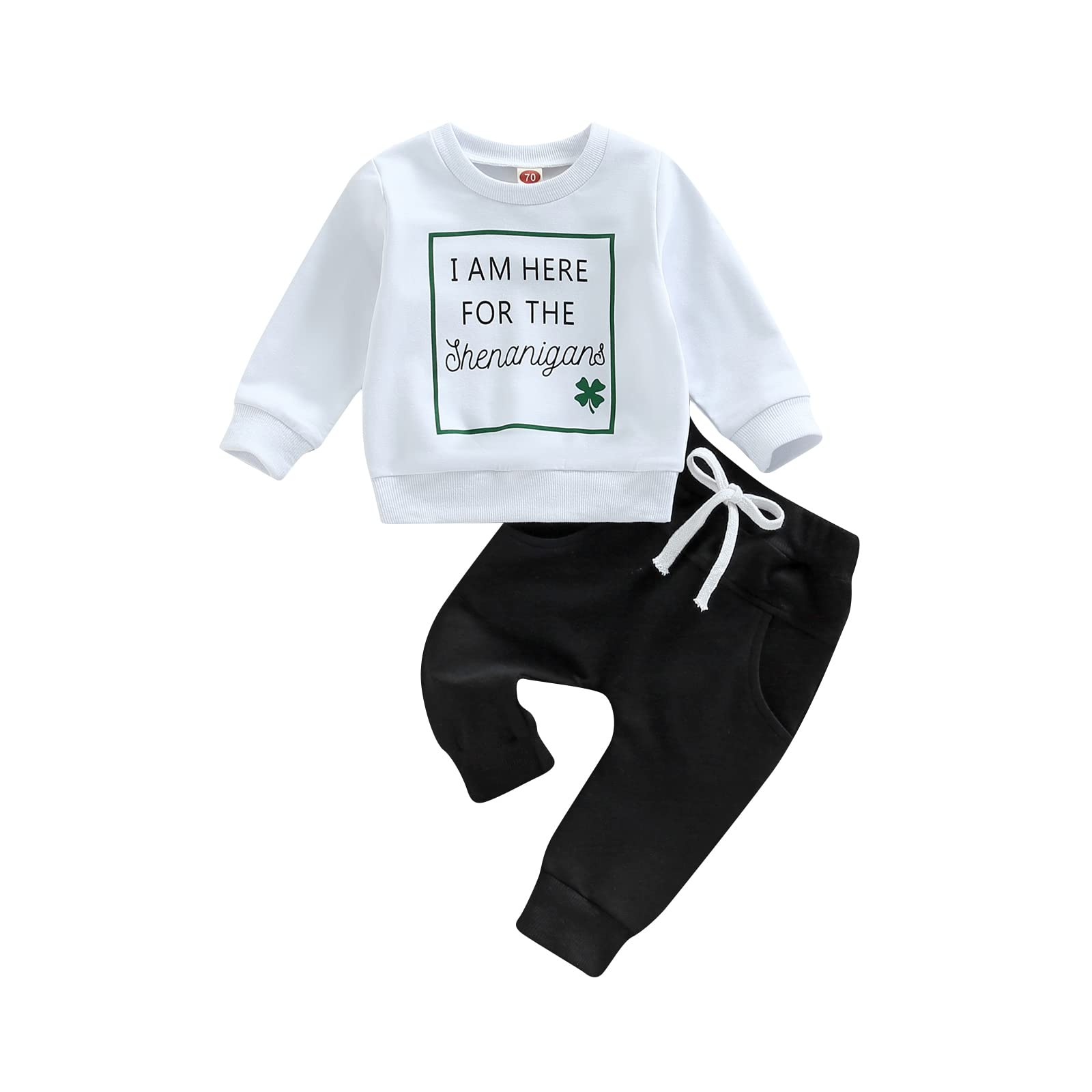 Toddler Baby Boy Fall Outfit Crewneck Long Sleeve Sweatshirt Tops Elastic Pants Jogger Cute Newborn Winter Clolthes Set (Clover White, 6-12 Months)