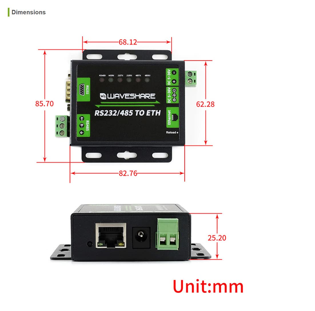 Coolwell Waveshare RS485 to Ethernet Converter Industrial RS232/RS485 to RJ45 Converer Dual Serial Ports Bi-directional Rransparent Data Transmission