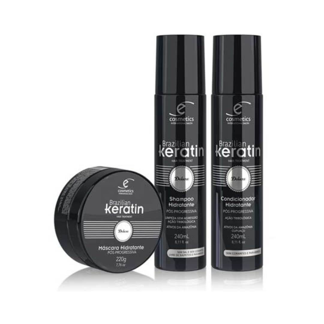 Ecosmetics Brazilian Keratin Deluxe Moisturizing Hair Care Set for Straightening, Smoothing, and Anti-Frizz Treatment - 23.95 Oz