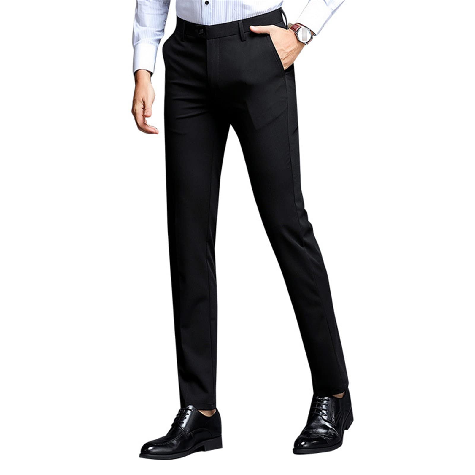 Men's Slim Fit Skinny Stretch Pant Classic Solid Color Tapered Suit Pant Lightweight Business Comfort Trousers (Black,36)