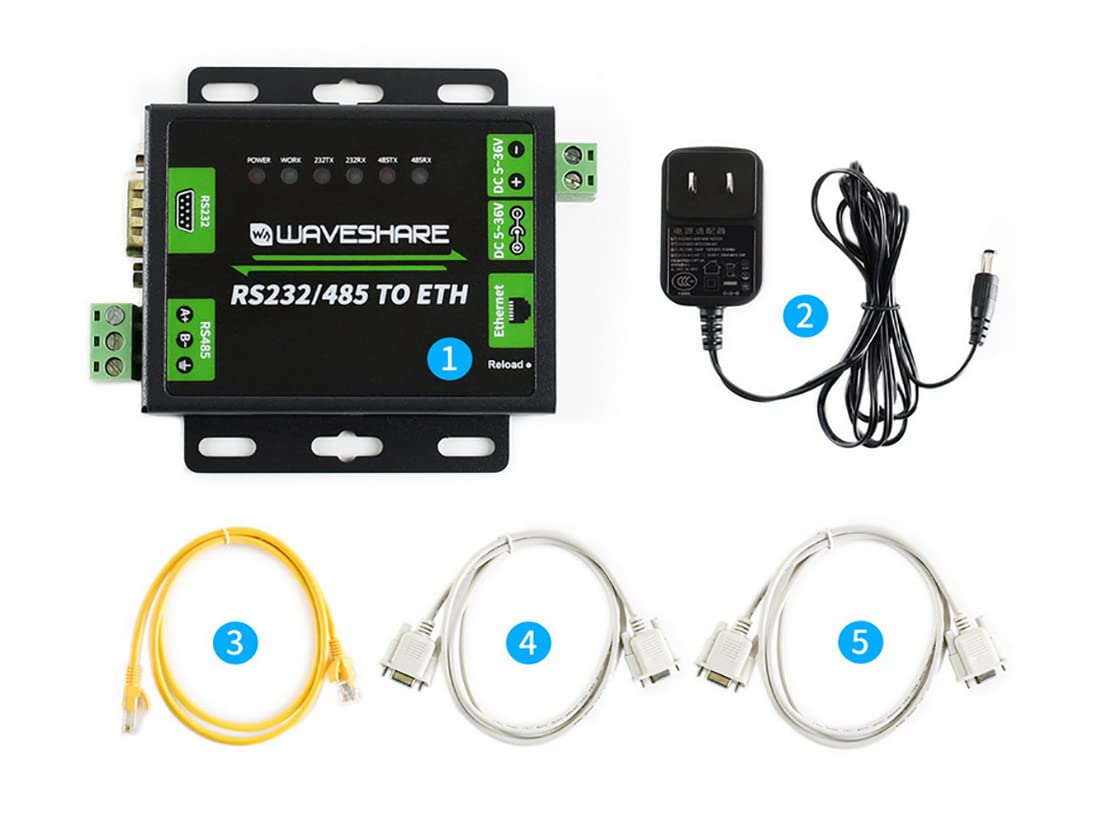 Coolwell Waveshare RS485 to Ethernet Converter Industrial RS232/RS485 to RJ45 Converer Dual Serial Ports Bi-directional Rransparent Data Transmission