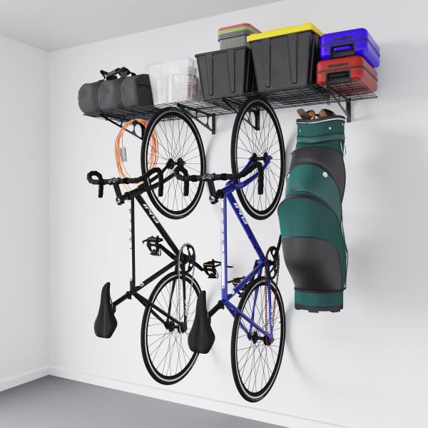 RAD Sportz Heavy Duty Shelves for Wall 2-Pack - Storage for Garage Organization - Garage Shelving with 154lb Capacity and Bike Hooks for 4 Cycles