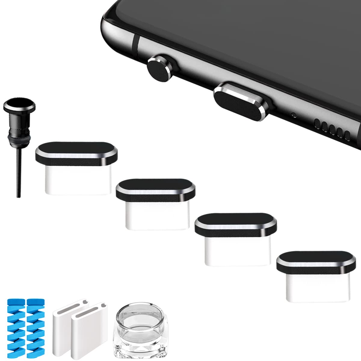 VIWIEU USB C Anti Dust Plugs Protector, Waterproof C Port Cover Cap Phone Charm 4 PCS Compatible with iPhone 15 Plus Pro Max Samsung Galaxy S24/S23/S22/S21/S20 Ultra Earbuds Wireless Charging (Black)