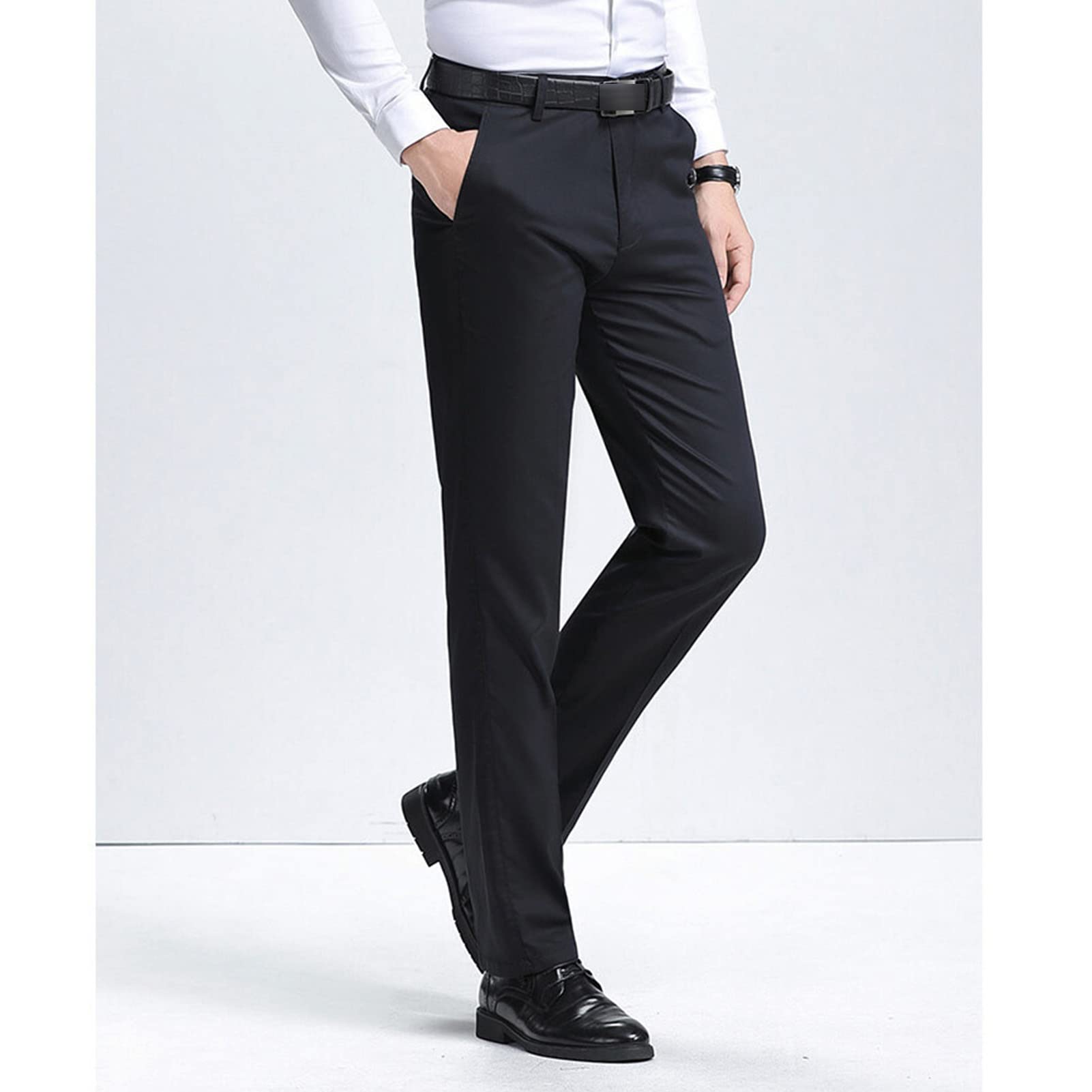 Men's Slim Fit Stretch Pant Classic Solid Color Casual Suit Pant Lightweight Business Comfort Trousers (Black,30)