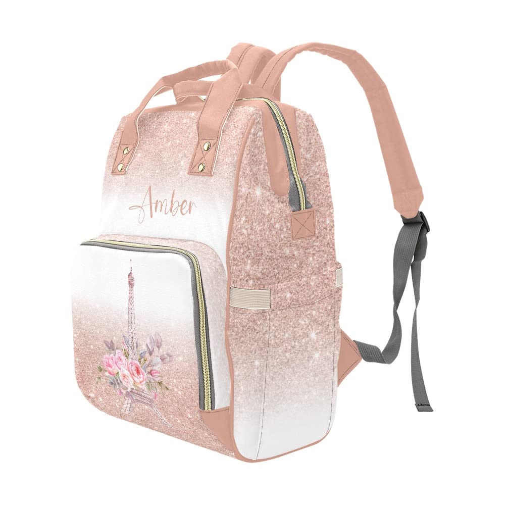 Eiffel Tower Pink Flower Diaper Bags Backpack with Name Personalized Baby Bag Travel Tote Bag Gifts for Mom Girl