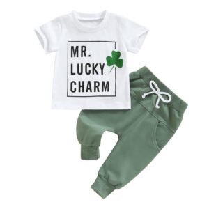 yokjzjd infant toddler baby boy st patricks day outfit green sweatshirt short sleeve t-shirt top pants set spring clothes (green, 12-18 months)