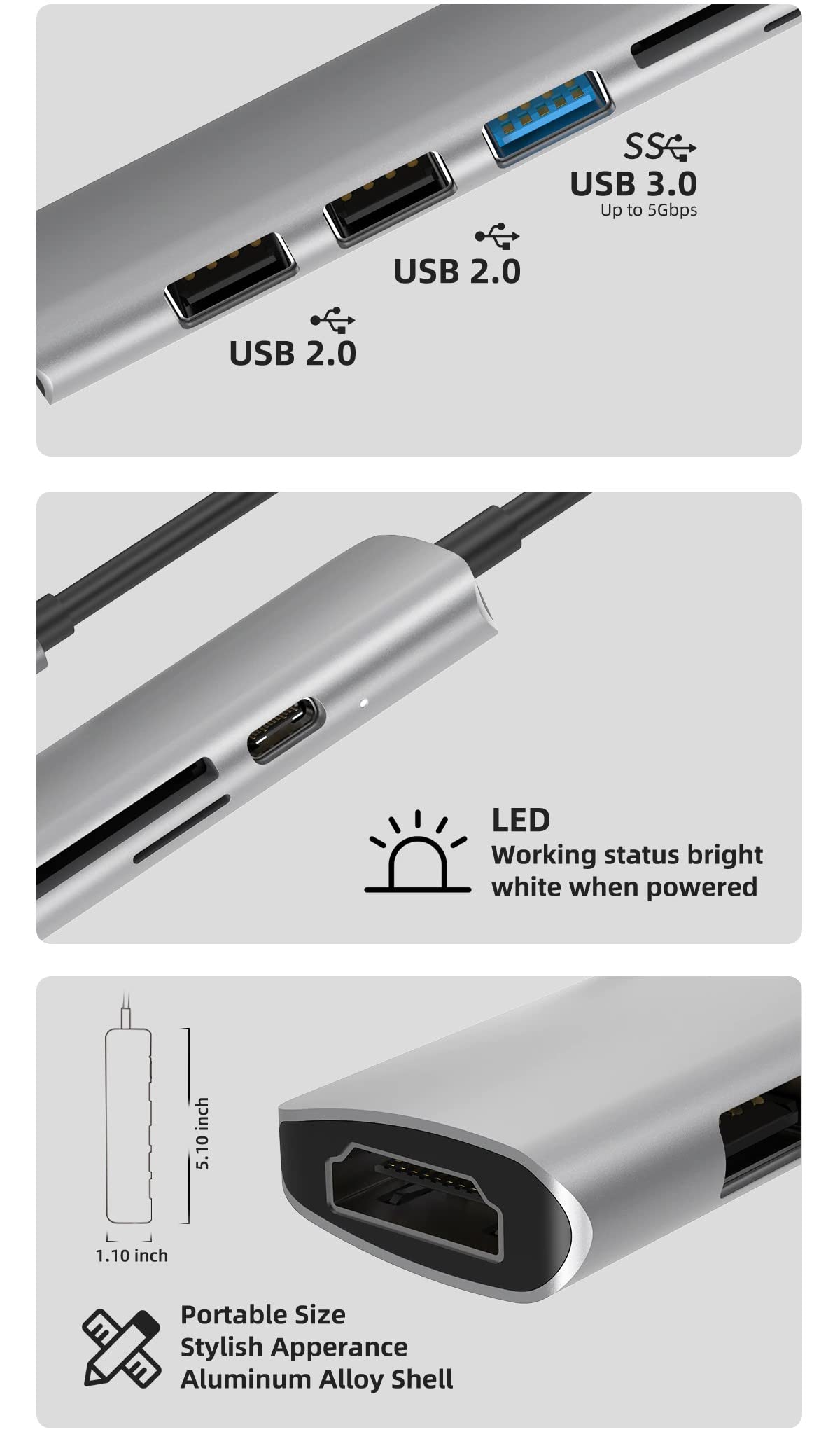 USB C Hub, Slim Aluminum Body, USB C Adapter, 7 in 1 with 4K HDMI Output, 1 USB 3.0, 2 USB-A, SD/TF Card Reader, 100W PD, USB C Dongle for MacBook Pro/ Air, iPad Pro, Dell XPS More Type C Devices