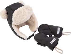 7am baby hat & mittens set - unisex vegan sherpa lined hat & mittens for newborn, waterproof, soft & warm baby winter hat & gloves set, winter baby essentials | benji set (smokey)