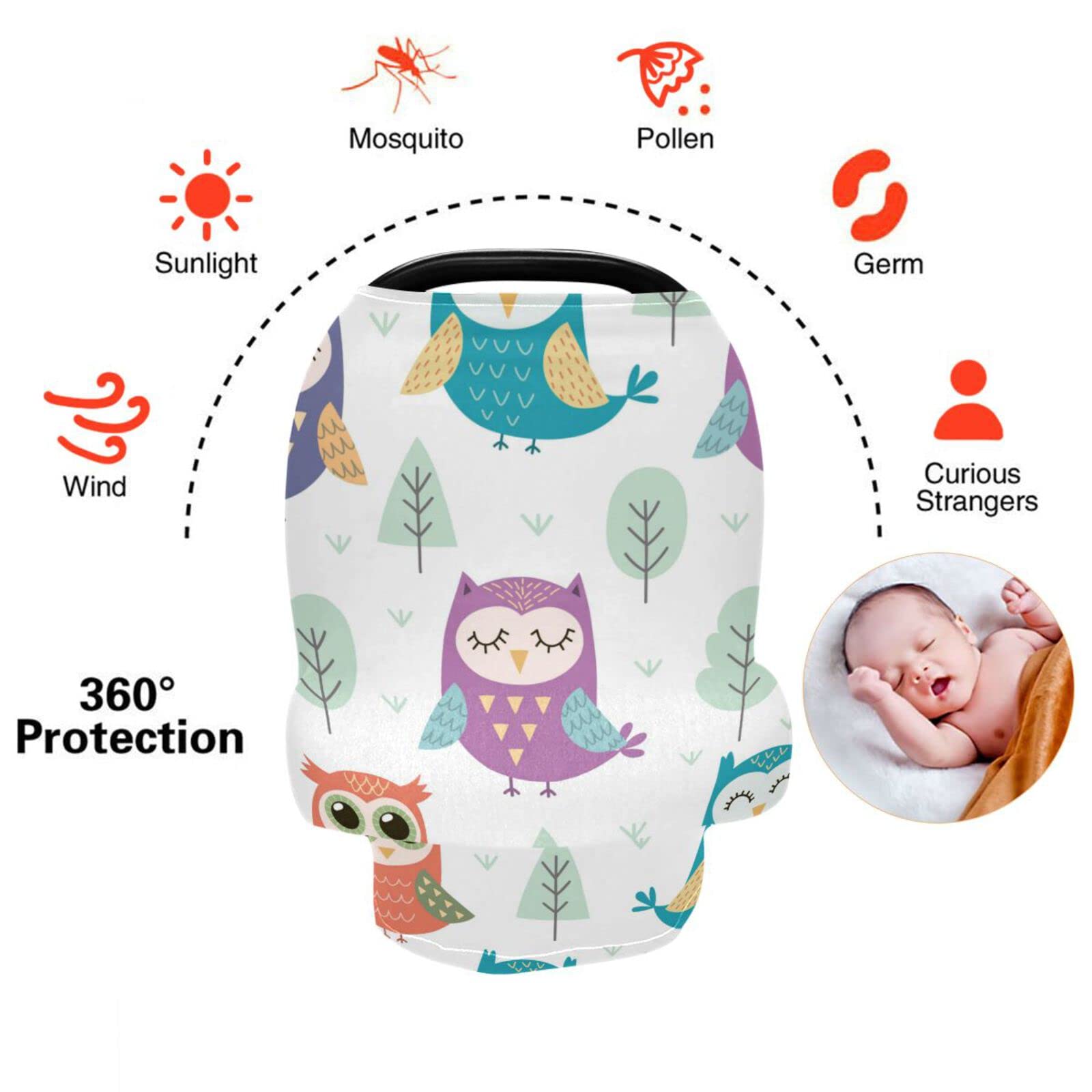 WELLDAY Baby Car Seat Covers Cartoon Owls Stretchy Breastfeeding Scarf Breathable Infant Carseat Canopy Nursing Covers Multi Use for Stroller High Chair Shopping Cart Boys and Girls