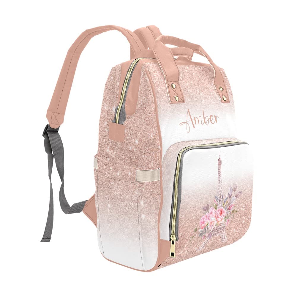 Eiffel Tower Pink Flower Diaper Bags Backpack with Name Personalized Baby Bag Travel Tote Bag Gifts for Mom Girl