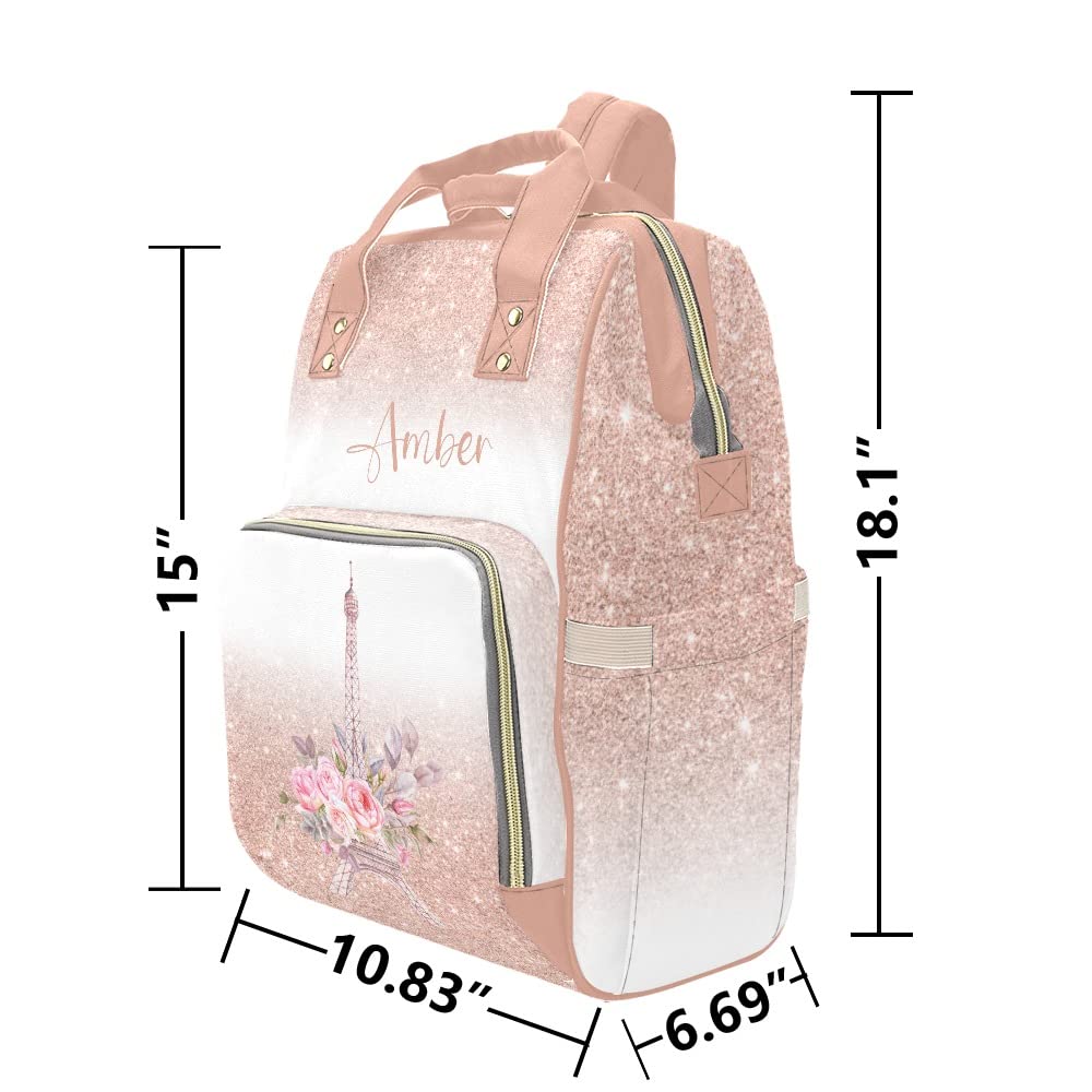 Eiffel Tower Pink Flower Diaper Bags Backpack with Name Personalized Baby Bag Travel Tote Bag Gifts for Mom Girl