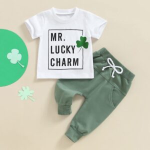 YOKJZJD Infant Toddler Baby Boy St Patricks Day Outfit Green Sweatshirt Short Sleeve T-Shirt Top Pants Set Spring Clothes (Green, 12-18 Months)