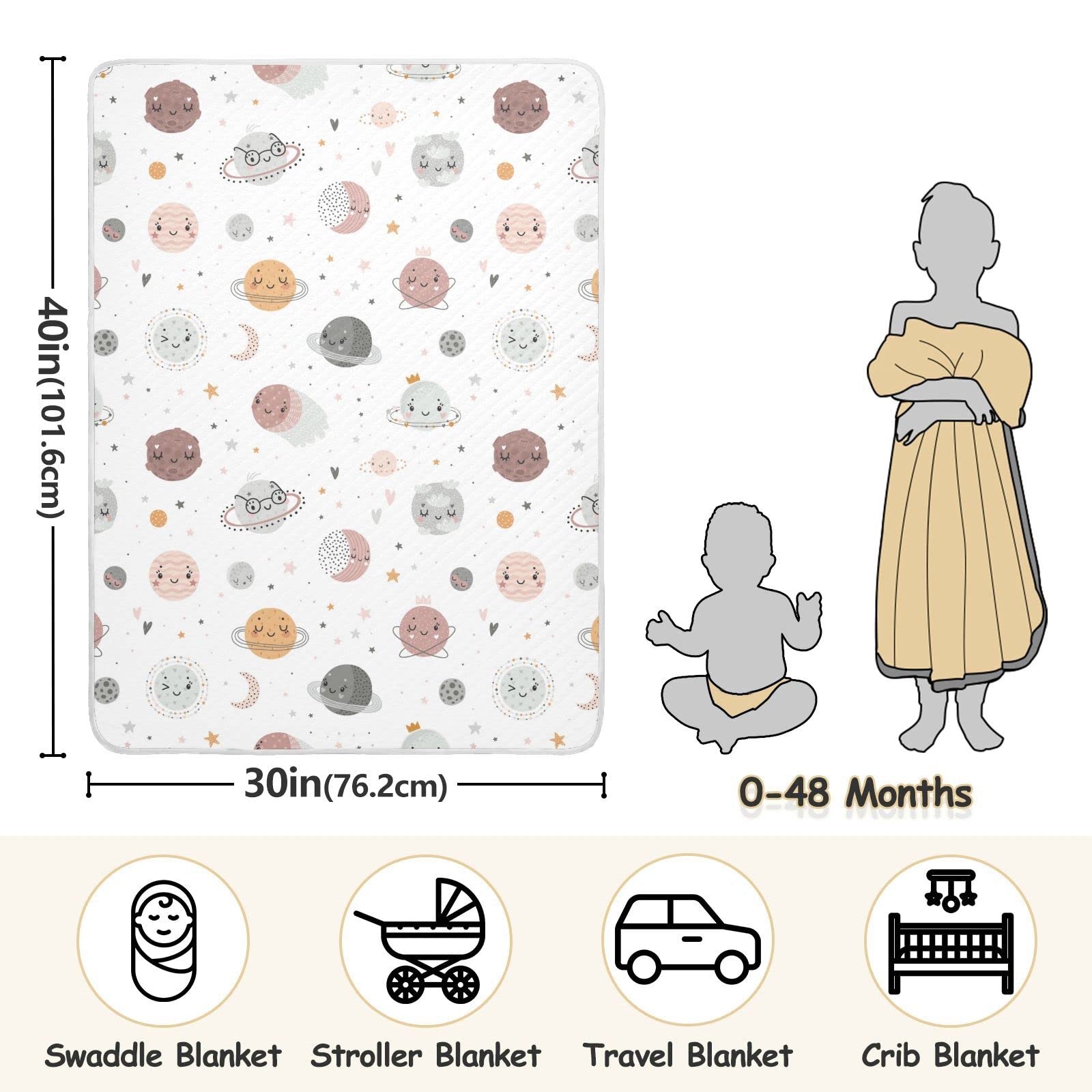 Galaxy Space Planets Cotton Baby Blanket 30" x 40" Warm Soft Breathable Muslin Swaddle Blankets for Toddler Boys Girls Nursery Receiving Wraps