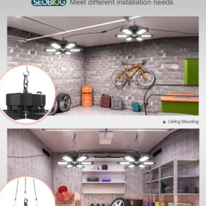 SEOBIOG 8 Pack Plug in Garage Light, Upgraded 200W 20000LM Linkable LED Shop Light, 6500K Ceiling Lights w/ 6 Deformable Panels for Garage, Warehouse, Barn, Basement (Built-in ON/Off Switch)