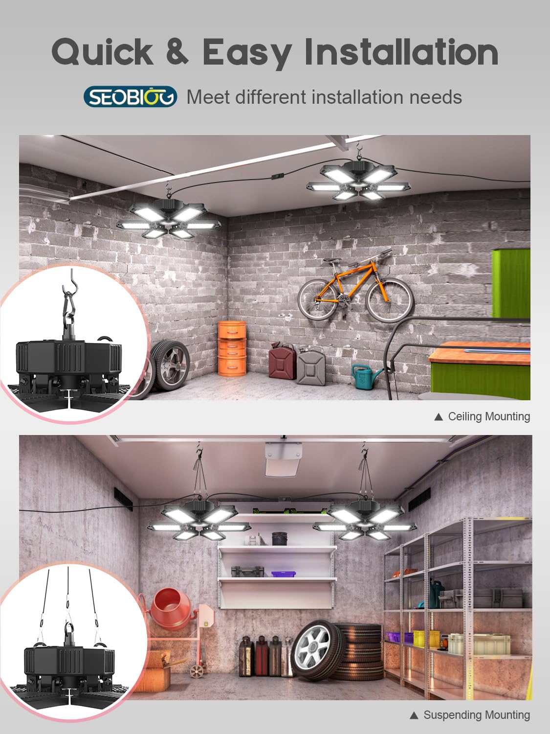 SEOBIOG 8 Pack Plug in Garage Light, Upgraded 200W 20000LM Linkable LED Shop Light, 6500K Ceiling Lights w/ 6 Deformable Panels for Garage, Warehouse, Barn, Basement (Built-in ON/Off Switch)