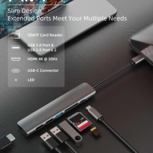 USB C Hub, Slim Aluminum Body, USB C Adapter, 7 in 1 with 4K HDMI Output, 1 USB 3.0, 2 USB-A, SD/TF Card Reader, 100W PD, USB C Dongle for MacBook Pro/ Air, iPad Pro, Dell XPS More Type C Devices