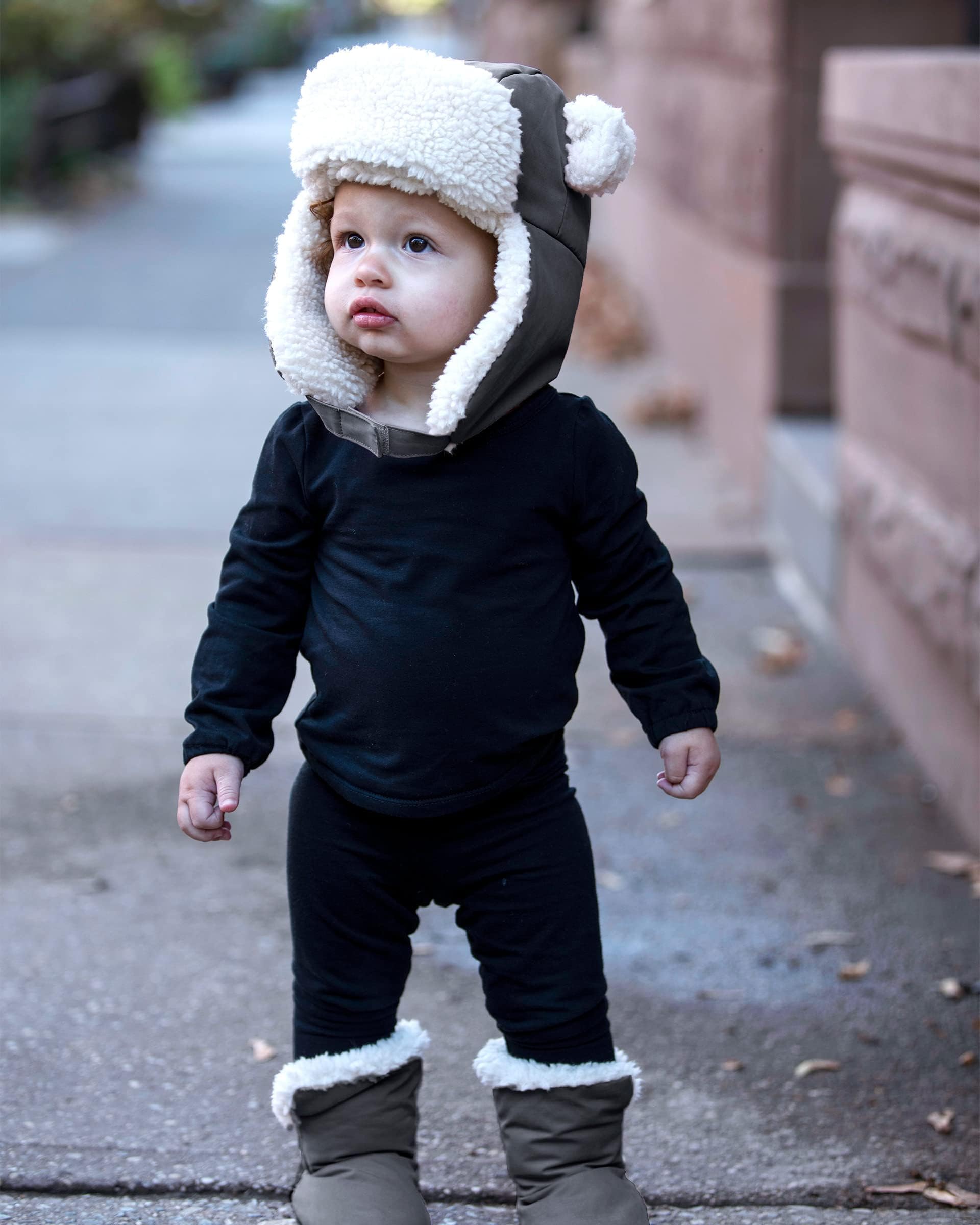 7AM Baby Hat & Mittens Set - Unisex Vegan Sherpa Lined Hat & Mittens for Newborn, Waterproof, Soft & Warm Baby Winter Hat & Gloves Set, Winter Baby Essentials | Benji Set (Smokey)