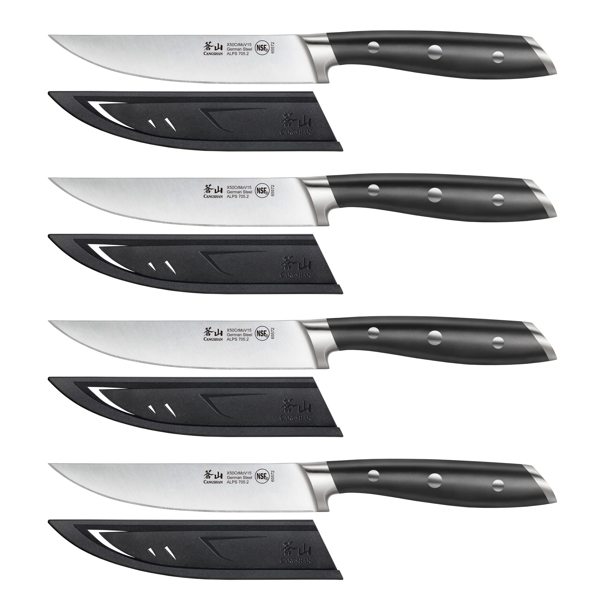 Cangshan ALPS Series 502780 German Steel Forged 4-Piece Steak Knife Set with Sheaths, Black