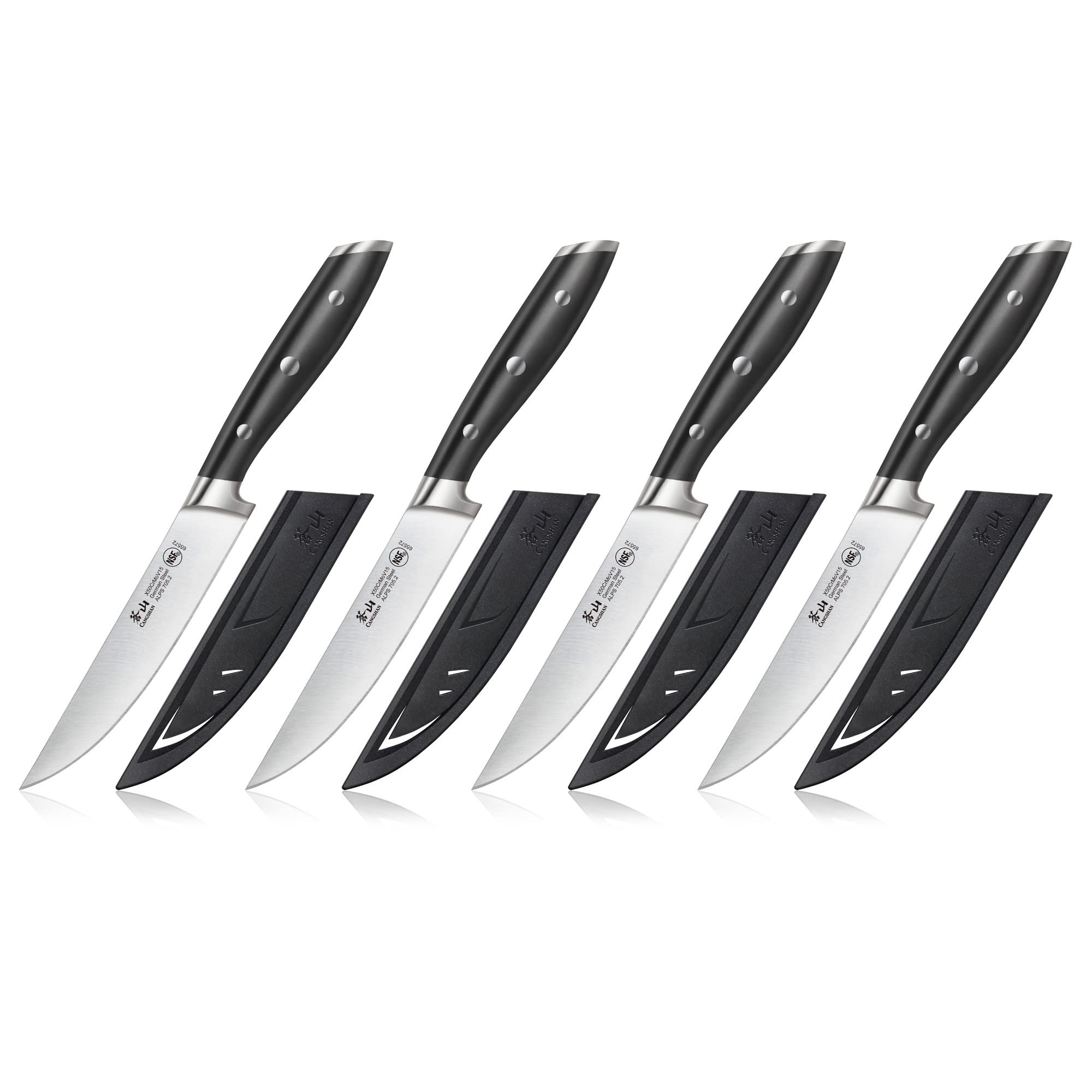 Cangshan ALPS Series 502780 German Steel Forged 4-Piece Steak Knife Set with Sheaths, Black