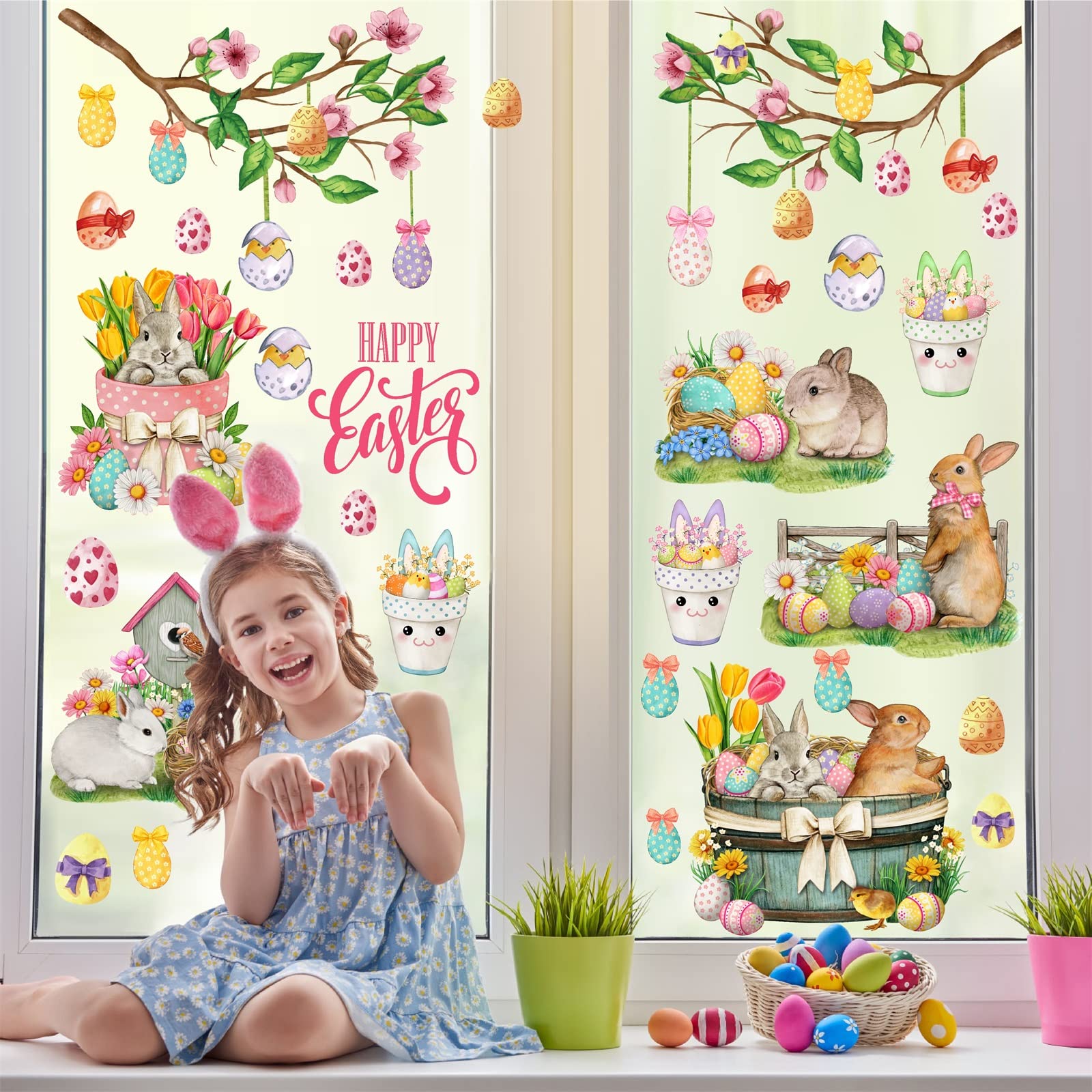 Happy Easter Wall Stickers Bunny Rabbit Wall Decals Peel and Stick Wall Art Decal Easter Egg Wall Decal Spring Flower Tree Branch Window Clings for Kids Room Nursery Living Room Kitchen Decor Gifts