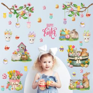 Happy Easter Wall Stickers Bunny Rabbit Wall Decals Peel and Stick Wall Art Decal Easter Egg Wall Decal Spring Flower Tree Branch Window Clings for Kids Room Nursery Living Room Kitchen Decor Gifts