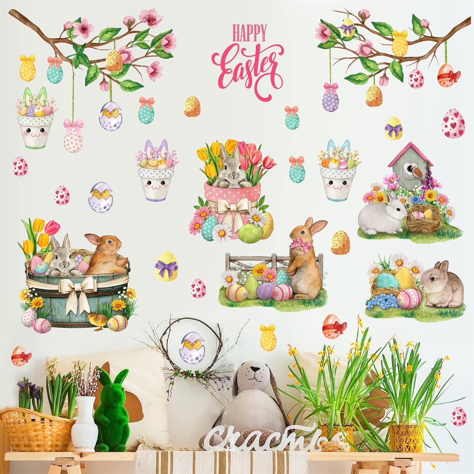 Happy Easter Wall Stickers Bunny Rabbit Wall Decals Peel and Stick Wall Art Decal Easter Egg Wall Decal Spring Flower Tree Branch Window Clings for Kids Room Nursery Living Room Kitchen Decor Gifts