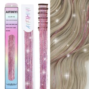 aifihiyi 23.6 inch hair tinsel clip in, extra long glitter tinsel hair extensions clip in hair tinsel heat resistant pink hair tensile kit sparkle fairy hair accessories for girls kids women (pink)