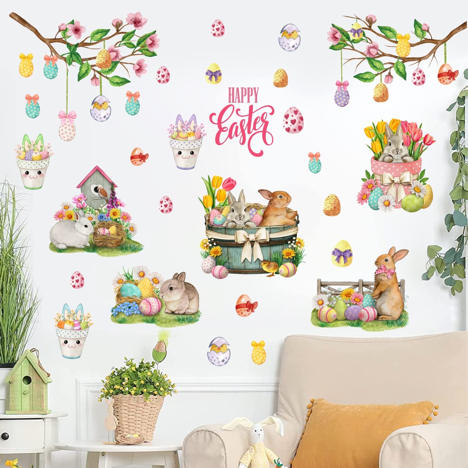 Happy Easter Wall Stickers Bunny Rabbit Wall Decals Peel and Stick Wall Art Decal Easter Egg Wall Decal Spring Flower Tree Branch Window Clings for Kids Room Nursery Living Room Kitchen Decor Gifts