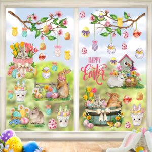 Happy Easter Wall Stickers Bunny Rabbit Wall Decals Peel and Stick Wall Art Decal Easter Egg Wall Decal Spring Flower Tree Branch Window Clings for Kids Room Nursery Living Room Kitchen Decor Gifts