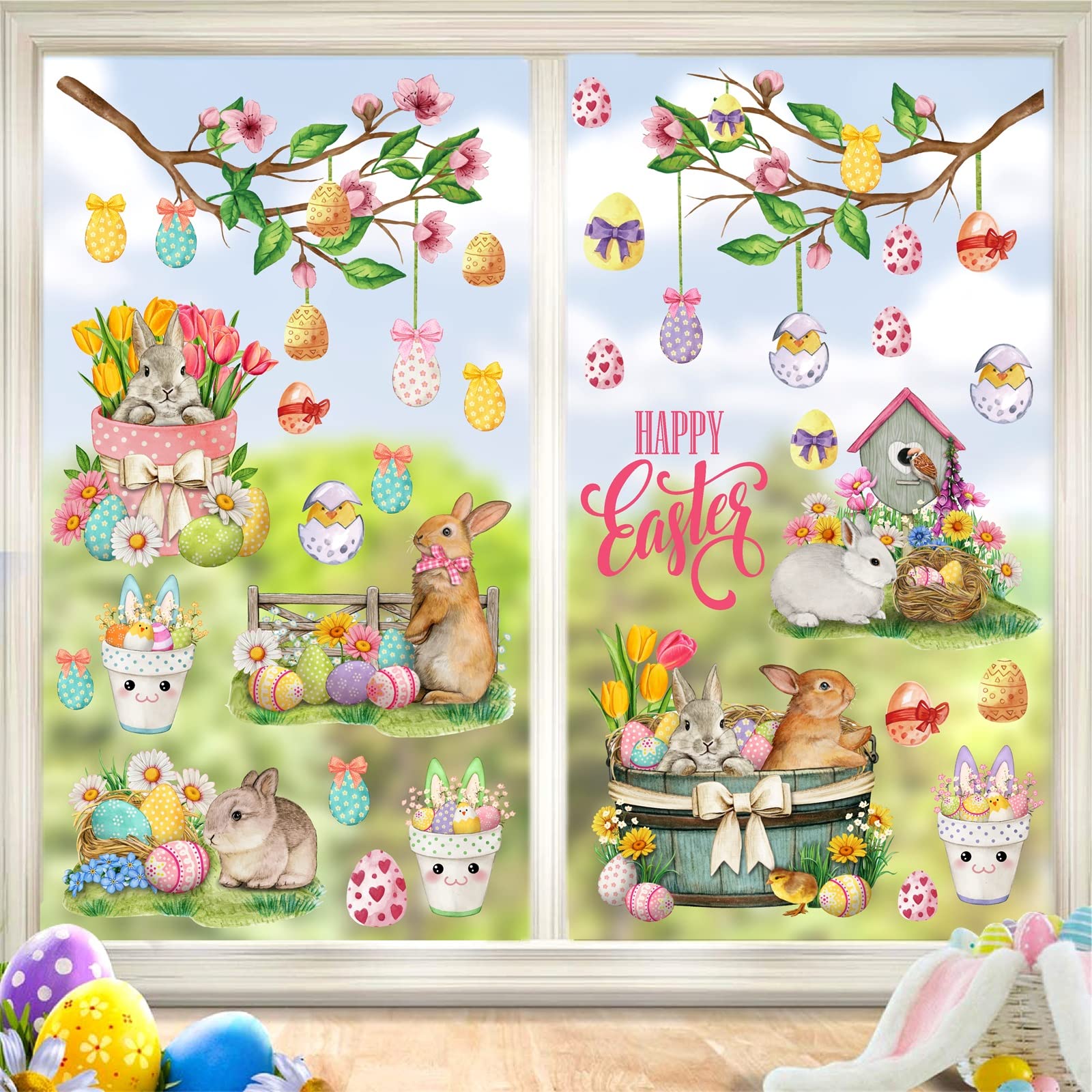 Happy Easter Wall Stickers Bunny Rabbit Wall Decals Peel and Stick Wall Art Decal Easter Egg Wall Decal Spring Flower Tree Branch Window Clings for Kids Room Nursery Living Room Kitchen Decor Gifts