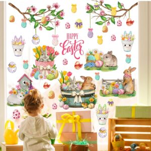 Happy Easter Wall Stickers Bunny Rabbit Wall Decals Peel and Stick Wall Art Decal Easter Egg Wall Decal Spring Flower Tree Branch Window Clings for Kids Room Nursery Living Room Kitchen Decor Gifts