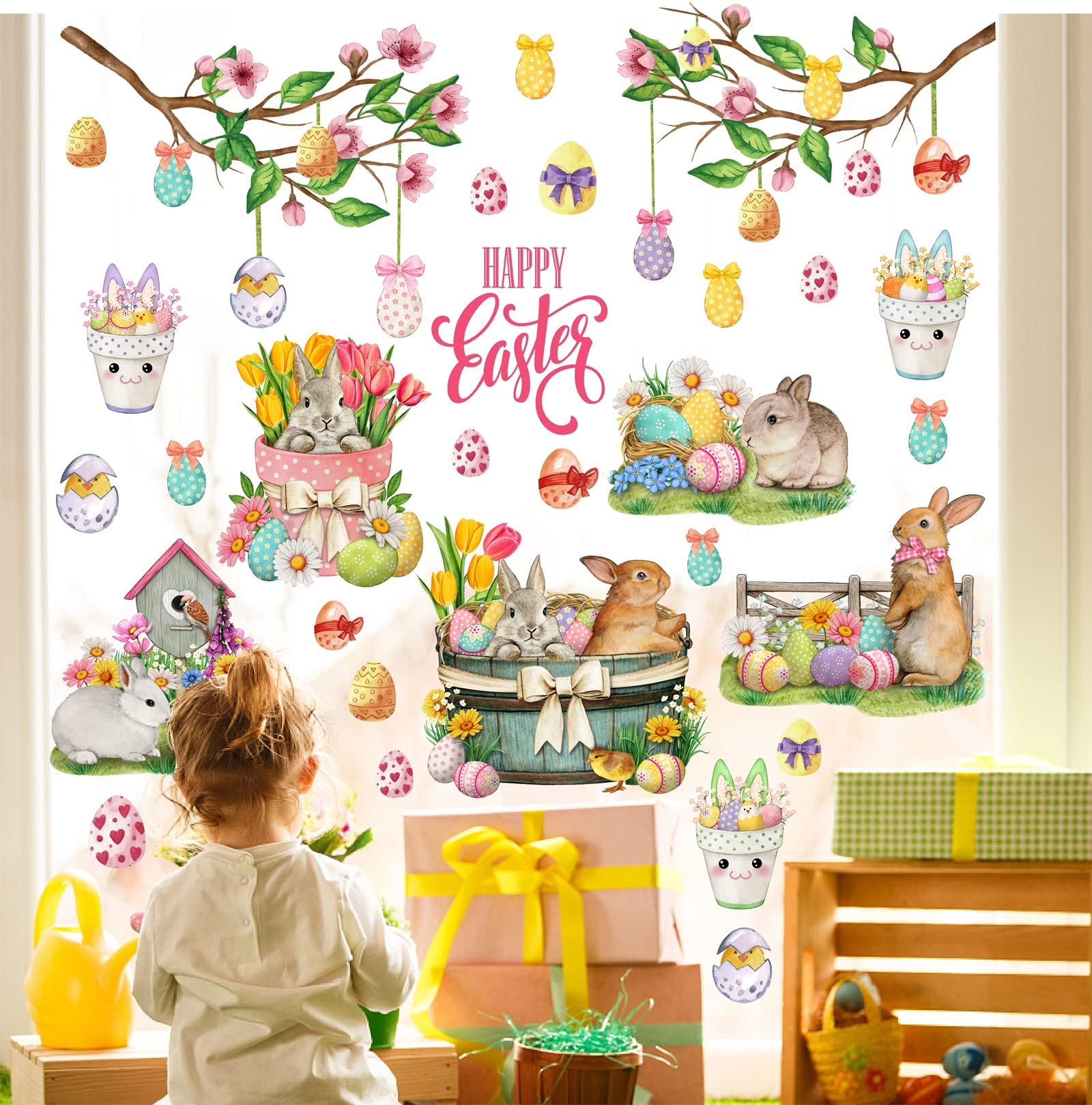 Happy Easter Wall Stickers Bunny Rabbit Wall Decals Peel and Stick Wall Art Decal Easter Egg Wall Decal Spring Flower Tree Branch Window Clings for Kids Room Nursery Living Room Kitchen Decor Gifts