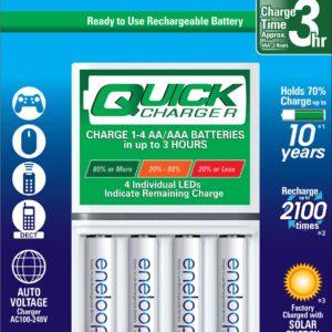 Eneloop Panasonic Rechargeable Battery Bundle with Advanced Individual 3 Hour Quick Charger (4 AAA Batteries) + 12 AAA Batteries Pack