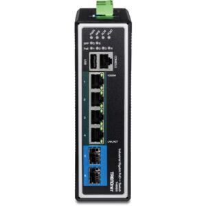 TRENDnet 6-Port Industrial Gigabit L2+ Managed PoE++ DIN Rail Switch, 4 x Gigabit PoE++ Ports, DIN-Rail Mount, 2 x SFP Slots, IP30, VLAN, QoS, LACP, Bandwidth Management, ERPS, Black, TI-BG62i