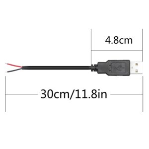 Short USB A Male 2 Pin Bare Wire,30cm/11.8in USB A 12V/3A Pigtail Open End Power Cable,for and USB Equipment Installed or Replace Repair DIY Cable(4PCS)