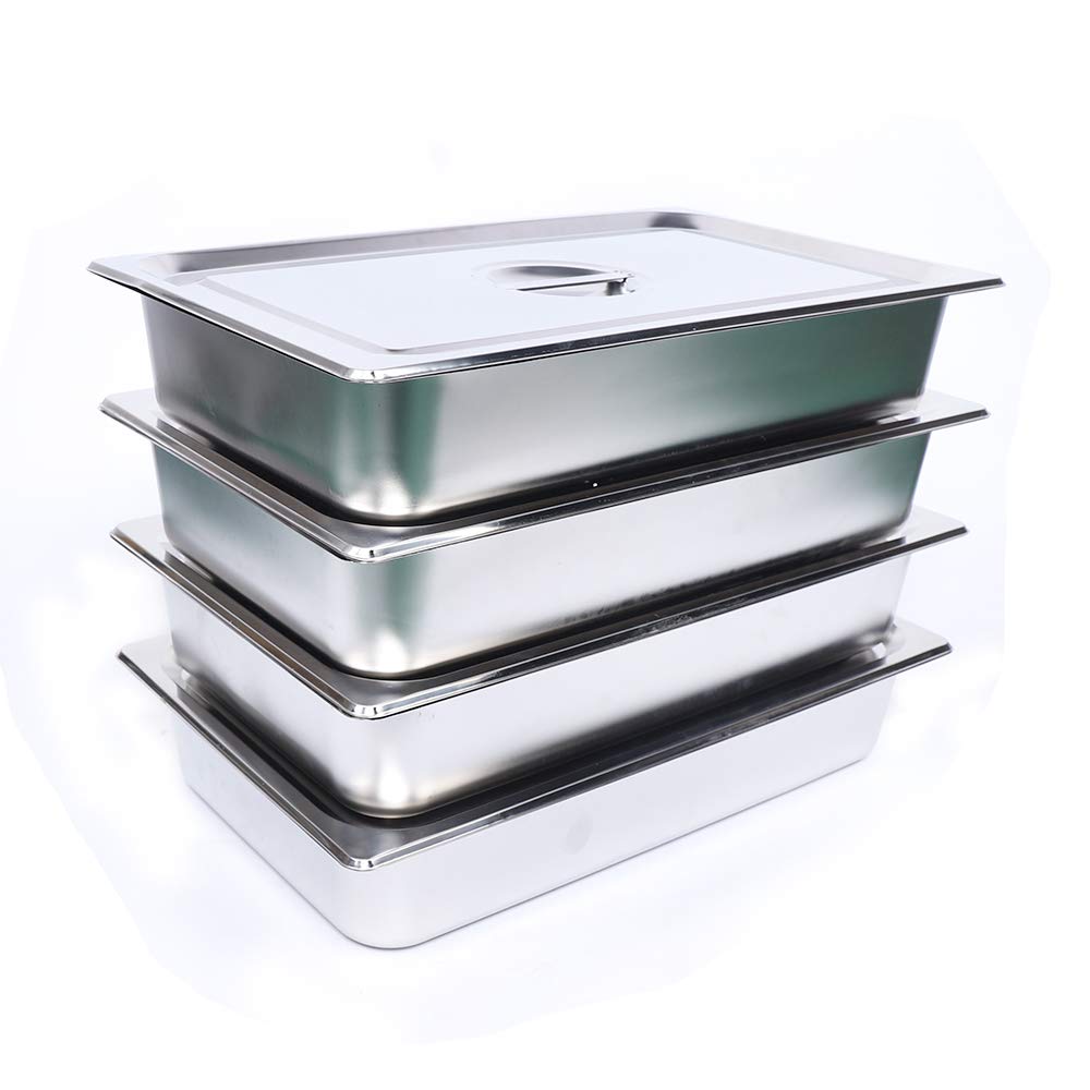 4pcs Stainless Steel Hotel Pans with Lids,Hotel Pans Full Size 4-Inch Deep, Commercial Food Pans Anti Jam Steam Table Pan for Hotels Restaurant(20x 12 x 4 inch)