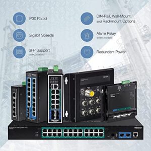 TRENDnet 6-Port Industrial Gigabit L2+ Managed PoE++ DIN Rail Switch, 4 x Gigabit PoE++ Ports, DIN-Rail Mount, 2 x SFP Slots, IP30, VLAN, QoS, LACP, Bandwidth Management, ERPS, Black, TI-BG62i