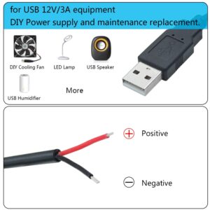 Short USB A Male 2 Pin Bare Wire,30cm/11.8in USB A 12V/3A Pigtail Open End Power Cable,for and USB Equipment Installed or Replace Repair DIY Cable(4PCS)