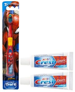 oral-b marvel spider-man toothbrush, 3+ yrs, extra soft (colors & characters very) & kids cavity protection toothpaste, sparkle fun size 0.85oz (24g) set of 2 - pack of 3