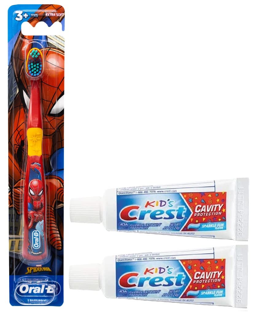 Oral-B Marvel Spider-Man Toothbrush, 3+ YRS, Extra Soft (Colors & Characters Very) & Kids Cavity Protection Toothpaste, Sparkle Fun Size 0.85oz (24g) Set of 2 - Pack of 3