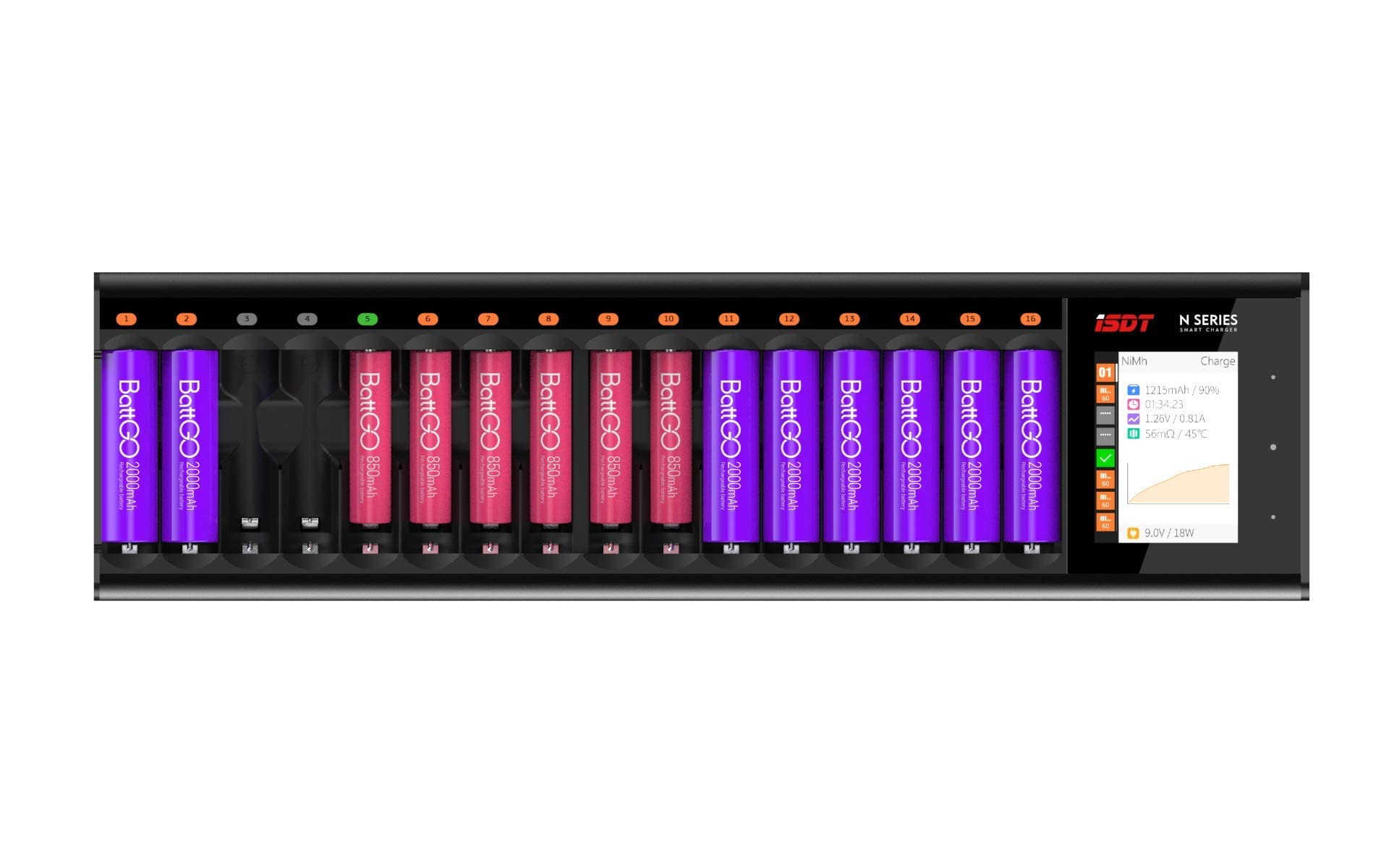 ISDT N16 36W 1.5A 16-Slot Speedy Smart LCD Display Universal Battery Fast Quick Charger for Rechargeable Batteries AA AAA Li-lon LiHv Ni-MH Ni-Cd Nizn LiFePO4 with AC Wall Adapter