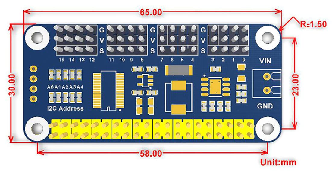 Coolwell Servo Driver HAT for for Raspberry Pi 4B+ 4B 3B+ 3B 2B+ Zero W WH Jetson Nano 16-Channel, 12-Bit, I2C Interface Right Angle Pinheader