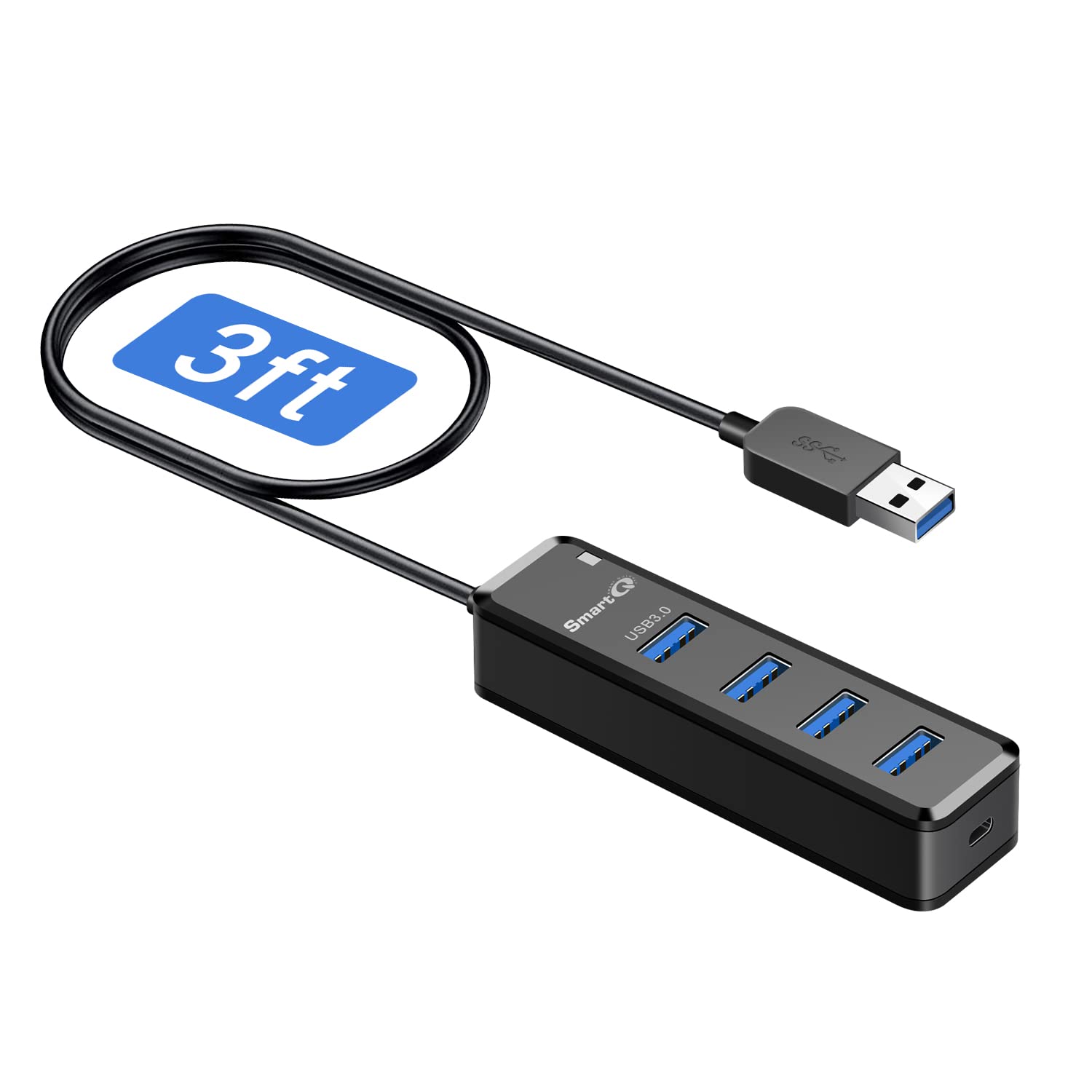 SmartQ 4-Port USB 3.0 Hub with 3-Foot Extension Cable, Compatible with Laptops, Windows PCs, Mac, Printers, External Hard Drives...…