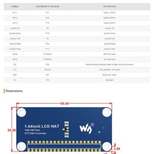 Coolwell Waveshare 1.44 Inch LCD Display HAT for Raspberry Pi 4B+ 4B 3B+ 3B 2B+ Zero W WH 128x128 SPI Interface ST7735S Driver