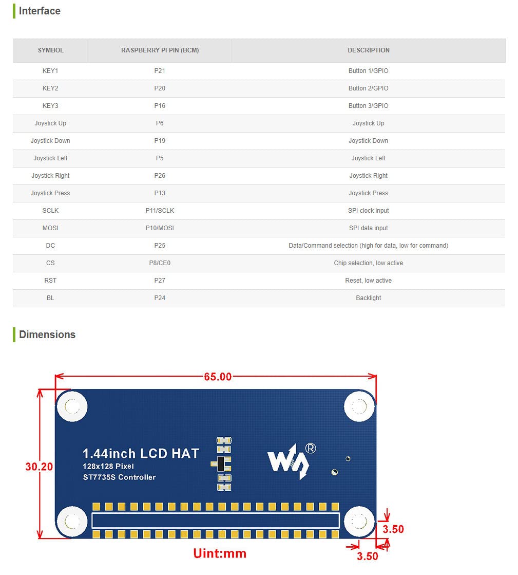 Coolwell Waveshare 1.44 Inch LCD Display HAT for Raspberry Pi 4B+ 4B 3B+ 3B 2B+ Zero W WH 128x128 SPI Interface ST7735S Driver