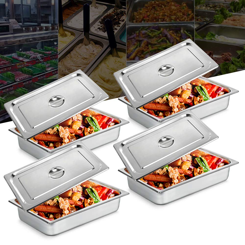 4pcs Stainless Steel Hotel Pans with Lids,Hotel Pans Full Size 4-Inch Deep, Commercial Food Pans Anti Jam Steam Table Pan for Hotels Restaurant(20x 12 x 4 inch)