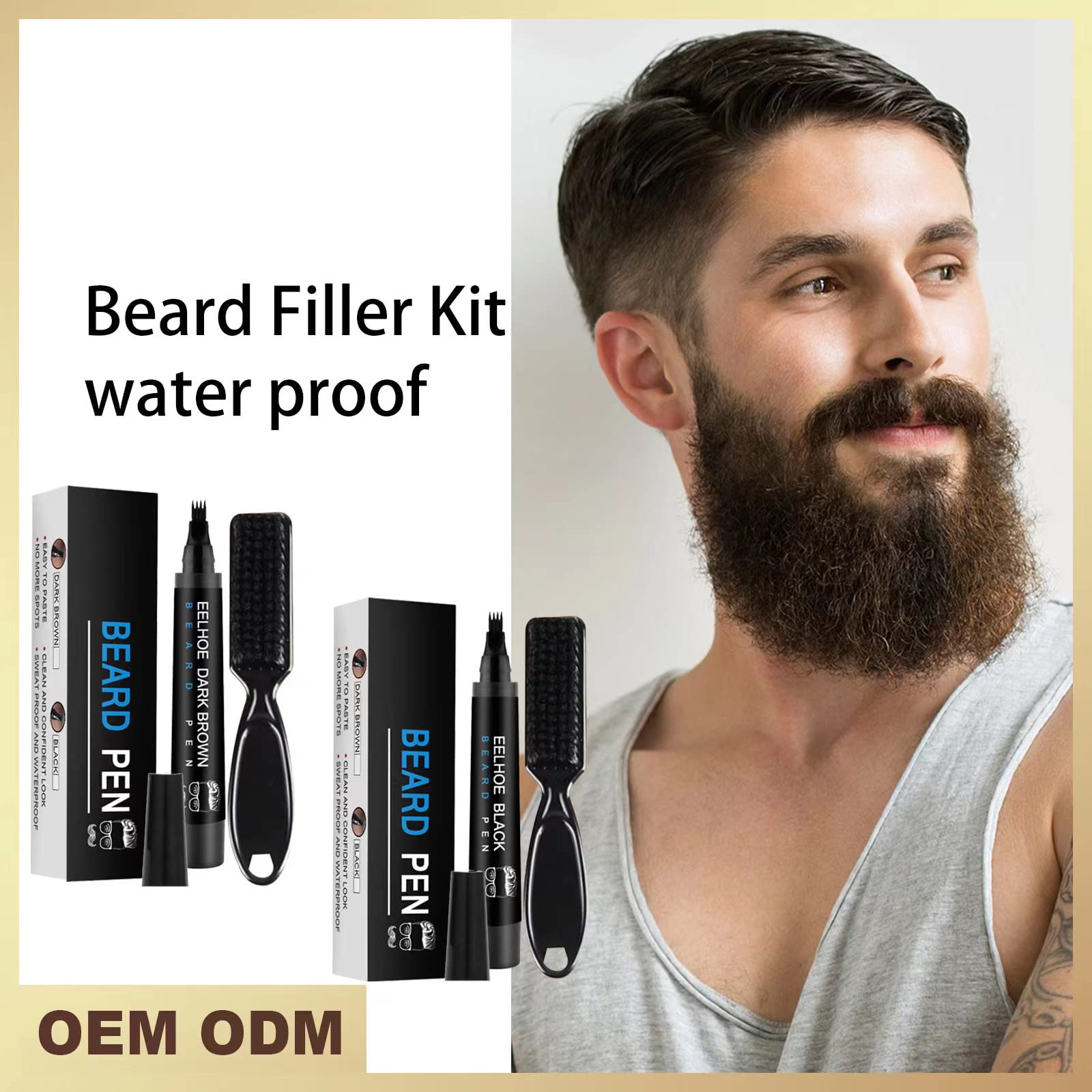 Waterproof Beard Filler Kit for Men - Pencil, Pen, Darkener Marker with Natural Finish for Beard, Moustache & Eyebrows - Bristle Brush Included