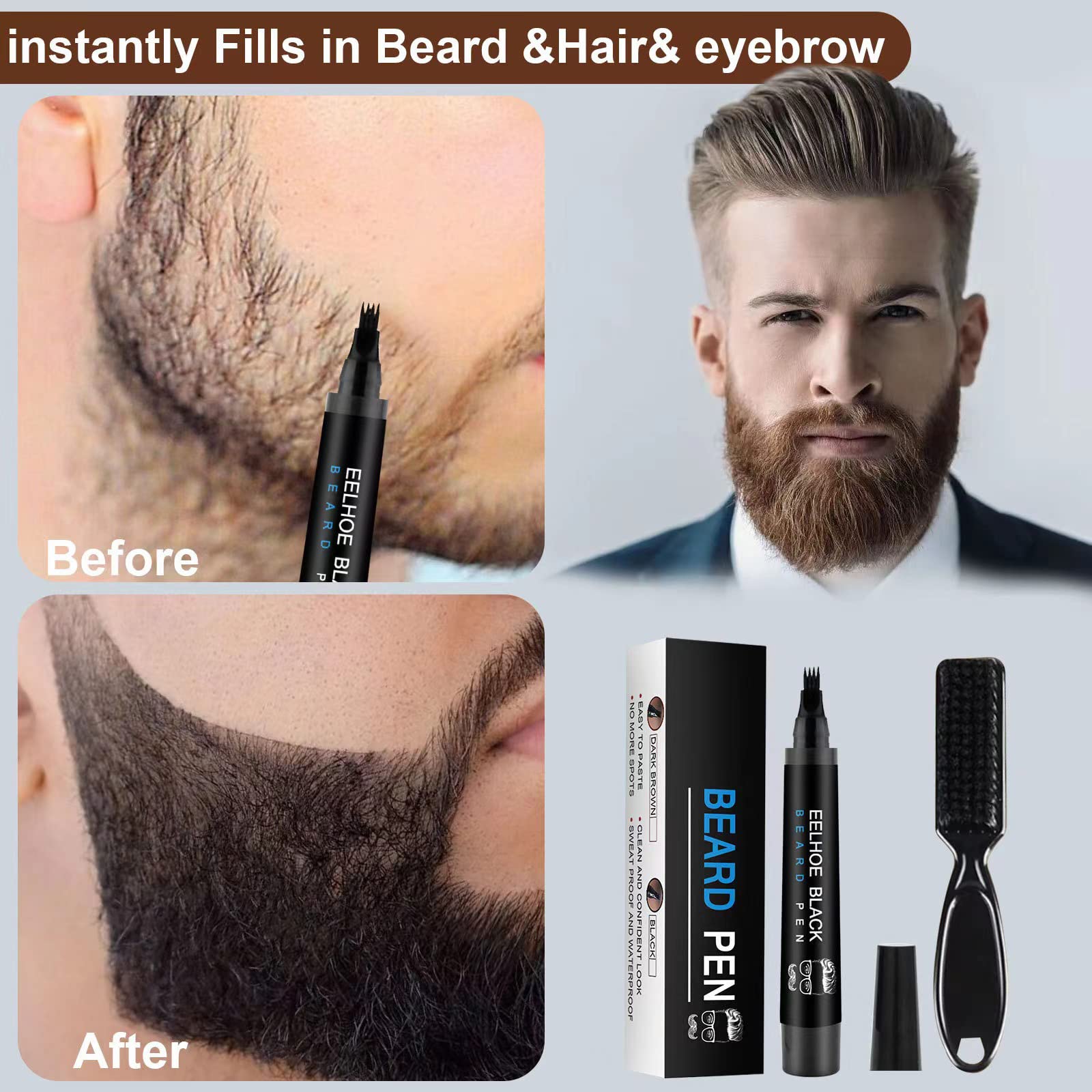 Waterproof Beard Filler Kit for Men - Pencil, Pen, Darkener Marker with Natural Finish for Beard, Moustache & Eyebrows - Bristle Brush Included