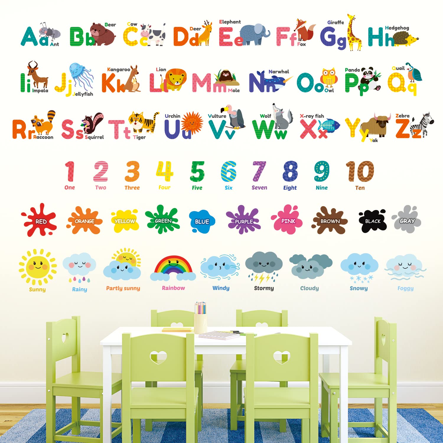 DECOWALL DS9-8070 Animal Alphabet Numbers Colour Weather Kids Wall Stickers Decals playroom Letters Decor Bedroom ABC Nursery Classroom Toddlers Learning Educational Baby Rainbow Colorful