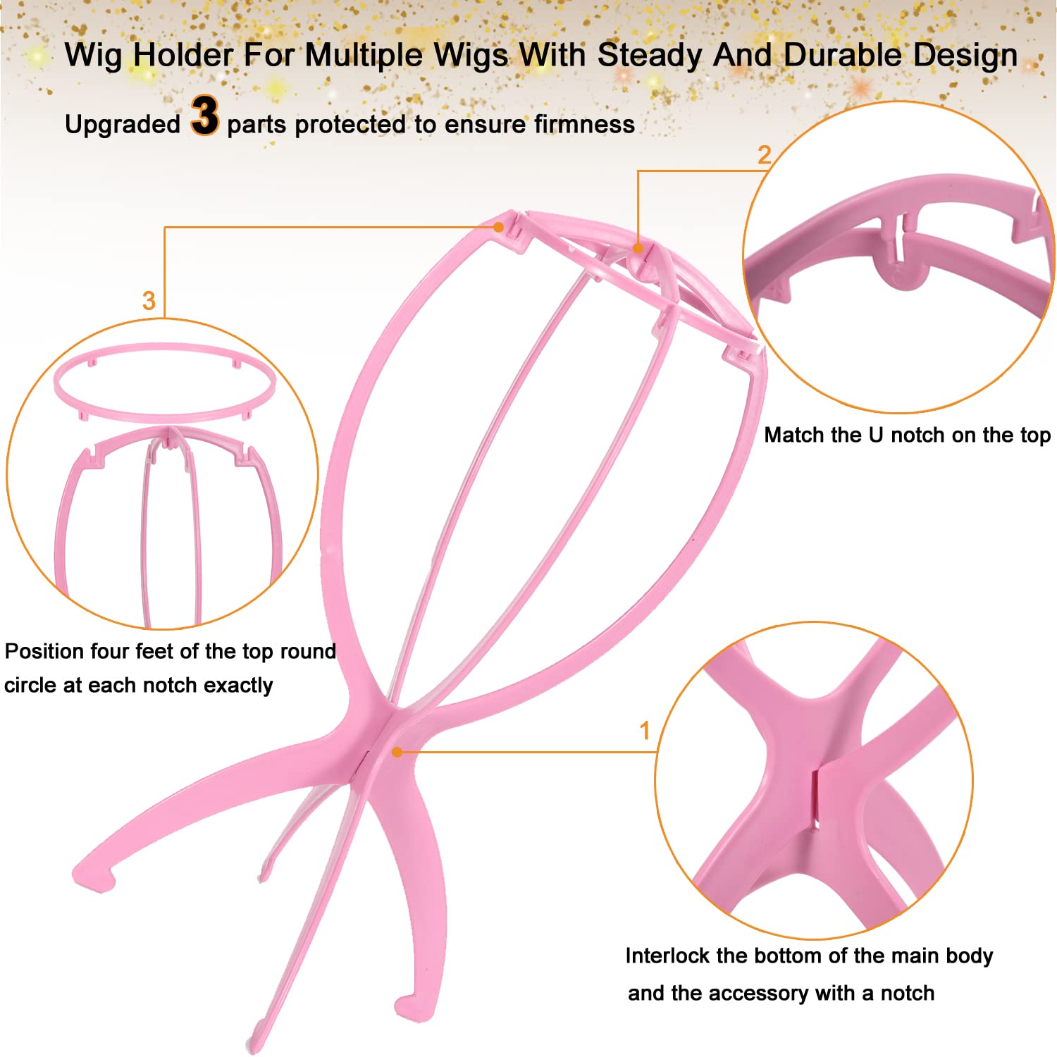 MISSUHUI Wig Stand Wig Holder, Short Wig Stand Portable Wig Head Stand, Collapsible Wig Holder for Multiple Wigs, Wig Display Stand Tool Travel Wig Stand (2Pcs Pink)